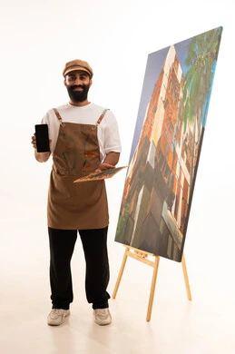 أنشطة ترفيهية فنية ممتعة، استخدام ريشة التلوين،بورتريه لرسام عربي خليجي عماني يرتدي الزي الكاجوال وقبعة يحمل بيديه الالوان المائية, ورشة عمل وفنون, خلفية بيضاء