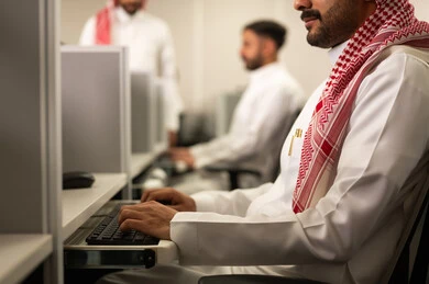 The concept of inquiries and information; an Arab Gulf Saudi employee wearing traditional thobe and shemagh working at a computer in the company headquarters; Arab students sitting at computers in a modern lab; education in Saudi Arabia