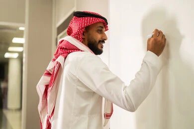 Educational goals, interaction and participation within the classroom, education in the Kingdom of Saudi Arabia, a Saudi Arabian Gulf teacher wearing a traditional thobe and shemagh explains the lesson to students using a whiteboard