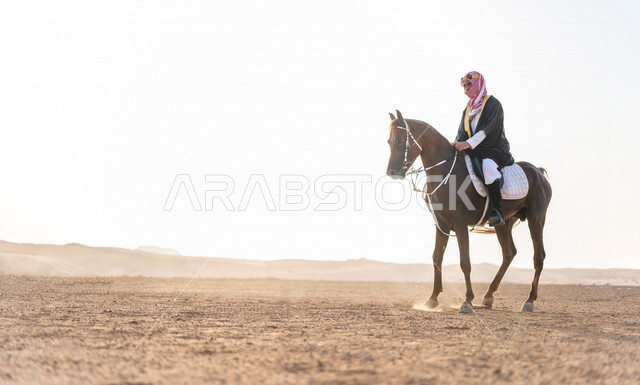 A Saudi Gulf rider riding horses in the picturesque Saudi desert in the daytime mode, horse dressage, horse trainer, purebred Arabian horse, horse riding hobby, equestrian club, horse riding activities and events, recreational skills and activities, beaut