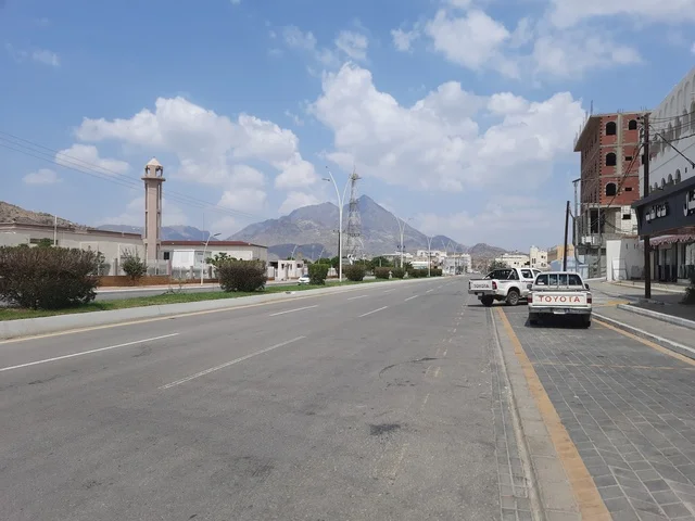 الطرقات الاسفلتية المعبدة في أماكن القمم والمرتفعات الجبلية في وقت النهار، طريق معبد في منطقة الباحة، النباتات الخضراء البرية على حافتي الشارع، أعمدة الإنارة الطرقية، حركة مرور السيارات في الشوارع