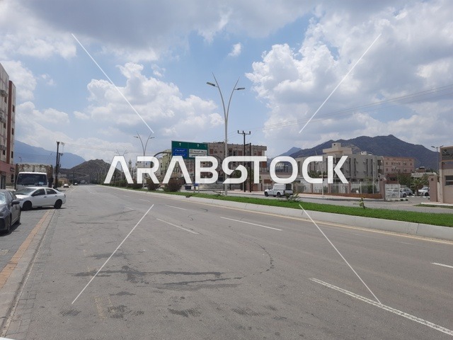 الطرقات الاسفلتية المعبدة في أماكن القمم والمرتفعات الجبلية في وقت النهار، طريق معبد في منطقة الباحة، النباتات الخضراء البرية على حافتي الشارع، أعمدة الإنارة الطرقية، حركة مرور السيارات في الشوارع