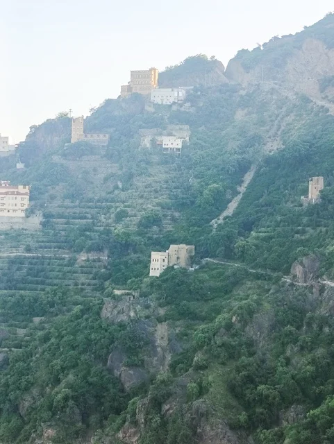 البيوت القديمة الشعبية على جبال فيفاء في جازان جنوب المملكة العربية السعودية، القمم والمرتفعات الصخرية في النهار، مكان ومنطقة سياحية طبيعية، الأشجار والنباتات ومساحات الطبيعة الخضراء، المدرجات الزراعية على السفوح الجبلية