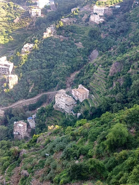 مكان ومنطقة سياحية طبيعية، البيوت القديمة الشعبية على جبال فيفاء في جازان جنوب المملكة العربية السعودية، القمم والمرتفعات الصخرية في النهار، الأشجار والنباتات ومساحات الطبيعة الخضراء، المدرجات الزراعية على السفوح الجبلية