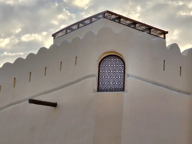 The architectural art in the old style of ancient castles, with sacred Islamic landmarks and symbols in the Kingdom of Saudi Arabia, the Quba Fortress in Medina during the day, a historical archaeological defensive fort.