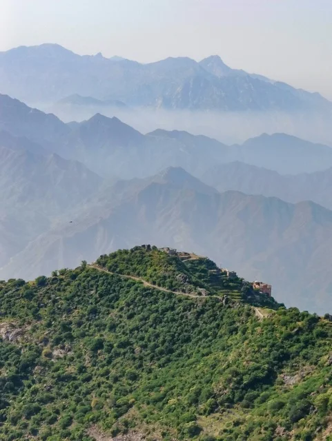 المدرجات الزراعية الخضراء والاشجار على القمم والمرتفعات الجبلية، مناظر الطبيعة في محافظة فيفاء بمنطقة جازان جنوب المملكة العربية السعودية ، المنازل والبيوت القديمة ،معالم وأماكن سياحية طبيعية ، خلفية الطبيعة