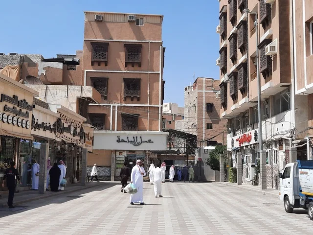 A daytime view from outside the Abdullah bin Abbas Mosque after Friday prayers in Taif, the Islamic and historical landmarks and mosques in Saudi Arabia, worship and drawing closer to God.