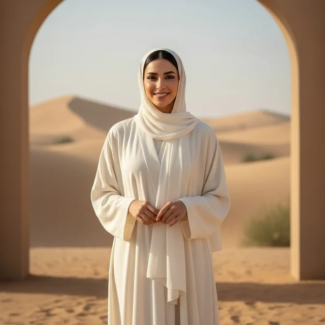 منظر طبيعي في صحاري المملكة العربية السعودية، امراه عربية خليجية سعودية ترتدي العباءه البيضاء والحجاب تنظر الى الكاميرا بايماءات السعادة تقف علي الرمال الذهبية الكثيفة الناعمة، خلفية الطبيعة الصحراوية