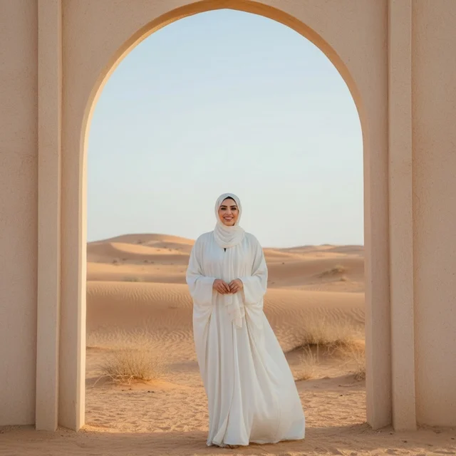 A natural landscape in the deserts of the Kingdom of Saudi Arabia, a Gulf Arab Saudi woman wearing a white abaya and hijab looks at the camera with gestures of happiness, standing on the soft, dense golden sands, with a backdrop of desert nature.