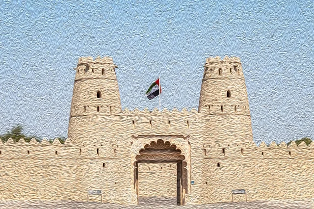 مناطق جذب واستقطاب السائحين في الإمارات العربية المتحدة, الفن الهندسي المعماري على الطراز القديم, صورة بالالوان الزيتية لقلعلة الجاهلي في مدينة العين بأبو ظبي، المعالم السياحية المشهورة، الحصون والقلاع الحربية المشيدة