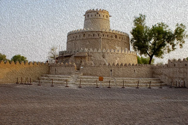 مناطق جذب واستقطاب السائحين في الإمارات العربية المتحدة, الفن الهندسي المعماري على الطراز القديم, صورة بالالوان الزيتية لقلعلة الجاهلي في مدينة العين بأبو ظبي، المعالم السياحية المشهورة، الحصون والقلاع الحربية المشيدة