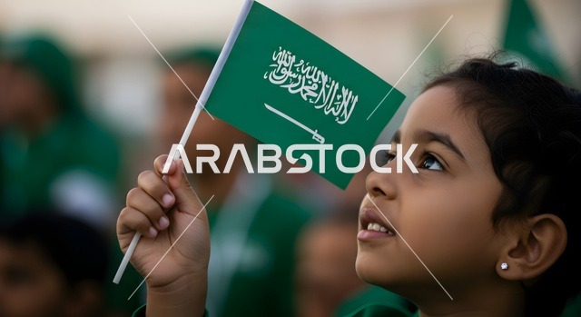 مفهوم حب الوطن والإنتماء إليه، الاعتزاز والفخر بالرموز والراية، الرايات والأعلام الوطنية للدول العربية، طفلة عربيه خليجيه سعودية تمسك في يديها العلم السعودي تنظر الى الأعلى، أعياد ومناسبات وطنية، تربية الأبناء على حب الوطن