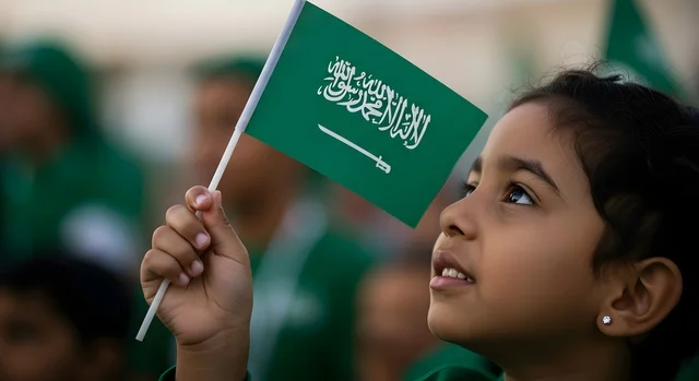 The concept of love for the homeland and belonging to it, pride and honor in symbols and the flag, the flags and national emblems of Arab countries, a Gulf Arab Saudi girl holding the Saudi flag in her hands looking up, national holidays and occasions, raising children to love the homeland.