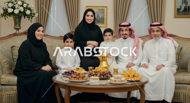 الأجواء العائلية المليئة بالحب، عائلة عربية خليجية سعودية سعيدة يجلسون في صالة المنزل، طاولة مليئة بأصناف الحلويات، كرم الضيافة العربية القهوة العربية، ذكرى اليوم الوطني السعودي، الأعياد والمناسبات الوطنية السعودية، صورة تذكارية للحظة مميزة