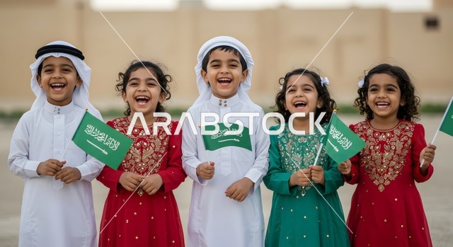 الرايات والأعلام الوطنية للدول العربية، مفهوم حب الوطن والإنتماء إليه، الاعتزاز والفخر بالرموز والراية، أطفال عربيين خليجيين سعوديين يرتدون الزي التقليدي يمسكون في أيديهم العلم السعودي ينظرون الى الكاميرا بايماءات السعاده