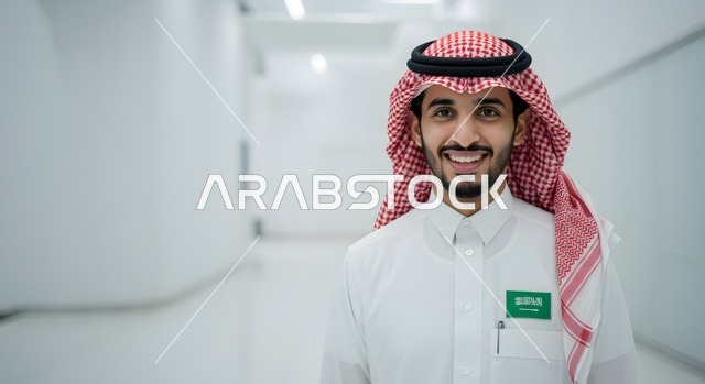 Elegance and attention to appearance, the concept of masculinity and self-confidence, standing upright and with self-assurance, a close-up image of a smiling Arab Gulf Saudi man wearing traditional attire and a ghutrah, an image of the Kingdom's flag on the white thobe, gestures of joy and happiness.