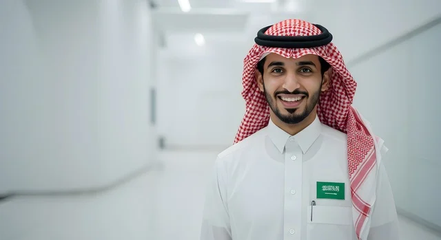 Elegance and attention to appearance, the concept of masculinity and self-confidence, standing upright and with self-assurance, a close-up image of a smiling Arab Gulf Saudi man wearing traditional attire and a ghutrah, an image of the Kingdom's flag on the white thobe, gestures of joy and happiness.