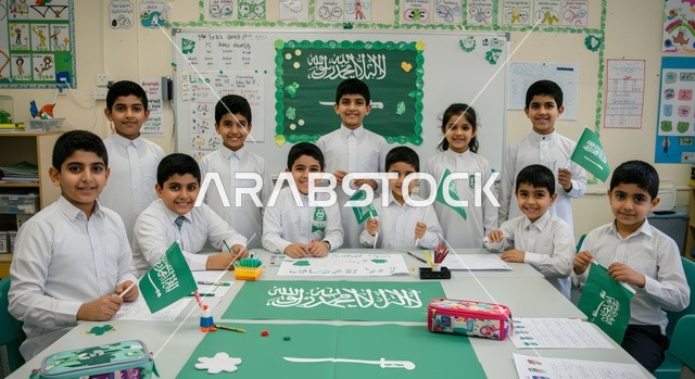 أهداف التربية والتعليم في المملكة العربية السعودية، الاحتفال باليوم الوطني السعودي،أساليب التعلم الفعال والمشاركة مع المعلم، موسم العودة إلى المدارس، مجموعة من الطلاب العرب الخليجيين السعوديين يرتدون الزي المدرسي يقفون في فصل دراسي يحملون أعلام المملكة