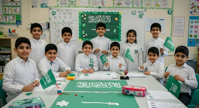 أهداف التربية والتعليم في المملكة العربية السعودية، الاحتفال باليوم الوطني السعودي،أساليب التعلم الفعال والمشاركة مع المعلم، موسم العودة إلى المدارس، مجموعة من الطلاب العرب الخليجيين السعوديين يرتدون الزي المدرسي يقفون في فصل دراسي يحملون أعلام المملكة