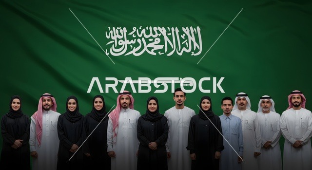 Looking at the camera with gestures of joy and happiness, the anniversary of the establishment of the first Saudi state on February 22, a portrait of a group of Saudi Gulf Arabs wearing traditional attire, celebrating the Day of Bidaya 1727 AD, with the background of the flag of the Kingdom of Saudi Arabia.