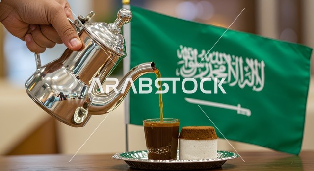 الاستمتاع بالمشروبات الساخنة, كرم وحسن الاستقبال في المملكة العربية السعودية,  صب شاي الكرك من إبريق معدني في كوب زجاجي, العادات والتقاليد العربية في الضيافة التقليدية، خلفية علم المملكة العربية السعودية، التقاليد و العادات القديمة في تقديم الشاي