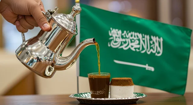 الاستمتاع بالمشروبات الساخنة, كرم وحسن الاستقبال في المملكة العربية السعودية,  صب شاي الكرك من إبريق معدني في كوب زجاجي, العادات والتقاليد العربية في الضيافة التقليدية، خلفية علم المملكة العربية السعودية، التقاليد و العادات القديمة في تقديم الشاي