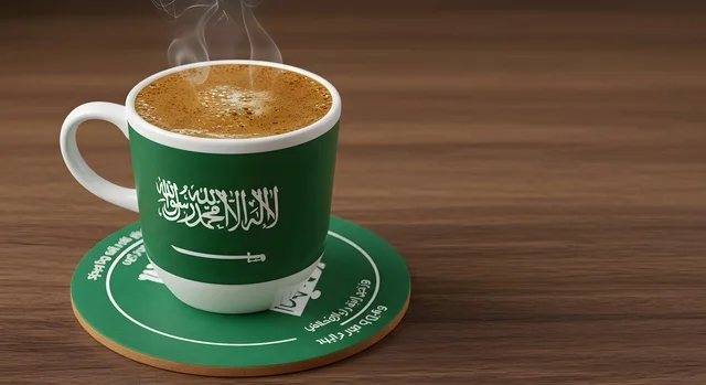 A cup of coffee with thick foam, hot cappuccino drink, delicious hot beverages, caffeine-filled espresso coffee, a cup with the flag of Saudi Arabia, enjoying coffee in a calm atmosphere, cafes and restaurants in Saudi Arabia, local national products.