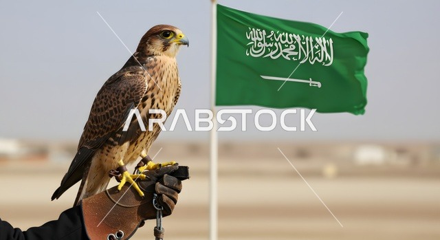 رمز القوة والتحدي وحدة البصر، صورة مقربة لطائر الصقر في إحدى المحميات الطبيعيه، ترويض وتدريب الطيور الجارحة والمفترسة، إقامة نادي الصقور في موسم الصيد السنوي في المملكة العربية السعودية، الفخر بالتراث السعودي العريق، خلفية علم المملكة