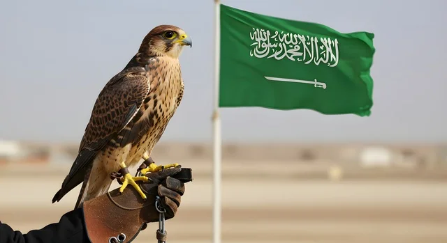 رمز القوة والتحدي وحدة البصر، صورة مقربة لطائر الصقر في إحدى المحميات الطبيعيه، ترويض وتدريب الطيور الجارحة والمفترسة، إقامة نادي الصقور في موسم الصيد السنوي في المملكة العربية السعودية، الفخر بالتراث السعودي العريق، خلفية علم المملكة