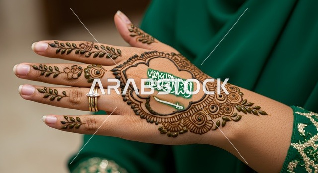 Traditional women's crafts, decorations, and handmade arts from natural materials, beautification and adornment, and attention to external appearance, customs and traditions in happy occasions and celebrations, a close-up image of the hand of a Saudi Gulf Arab woman with henna designs on her hand and the flag of the Kingdom in the center.