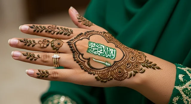 مهن تقليدية شعبية نسائية، زخارف وفنون يدويه من مواد طبيعيه، التجمل والتزيين والاهتمام بالمظهر الخارجي، عادات وتقاليد في المناسبات والأفراح السعيدة، صورة مقربة ليد إمرأة عربية خليجية سعودية على يدها نقش حنة وبالوسط علم المملكة