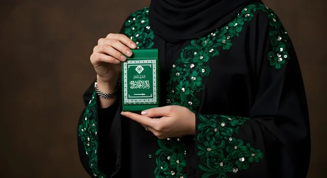 The authenticity of Gulf customs and traditions, a Saudi Arabian Gulf woman wearing a black abaya with green embroidery, holding a small green booklet with the Kingdom's flag drawn on it, with a gray background.