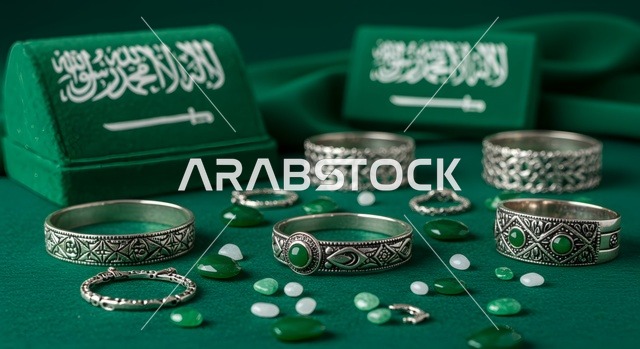 أسواق الصاغة في السعودية، المجوهرات النسائية الفاخرة, معروضات وخواتم من الفضة مرصعين بالأحجار الكريمة في جنوب المملكة, التراث الخليجي الأصيل في صناعة الحلي، صناديق برسم علم المملكة العربية السعودية