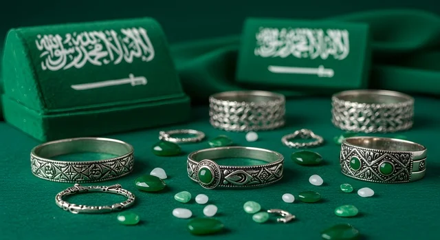 أسواق الصاغة في السعودية، المجوهرات النسائية الفاخرة, معروضات وخواتم من الفضة مرصعين بالأحجار الكريمة في جنوب المملكة, التراث الخليجي الأصيل في صناعة الحلي، صناديق برسم علم المملكة العربية السعودية