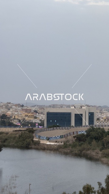 A calm water surface, spending enjoyable time on recreational tourist trips, famous tourist places and landmarks, areas of peaks and mountainous elevations, the natural landscapes in Abha in the Asir region of the Kingdom of Saudi Arabia, the mountains of Abha covered with clouds and mist, trees and green plants.