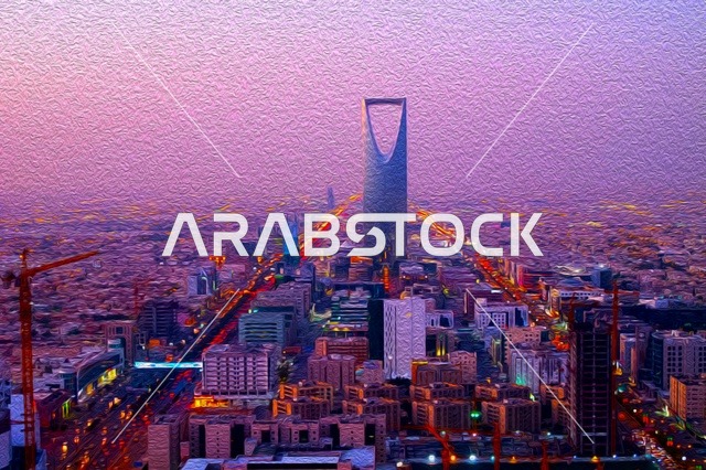 Development and evolution of urbanization in the Kingdom of Saudi Arabia, famous tourist landmarks, the reflection of residential and commercial buildings on the Kingdom Tower in Riyadh, traffic on the roads and streets, the architectural engineering art of towers and skyscrapers in the capital.