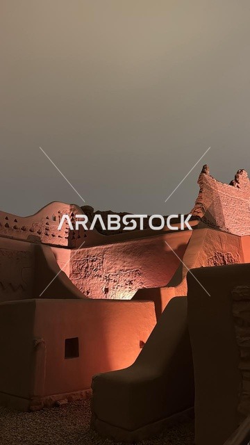 اماكن سياحيه ترفيهيه اثريه مشهوره, أسوار الدرعية القديمة الطينية, اماكن ومعالم سياحيه تراثية , أسوار قصر سلوى في الدرعية القديمة, احتفالات ومهرجانات في الرياض في المملكة العربية السعودية, مطل ومنتزه البجيري المضاء في حي الطريف في الليل