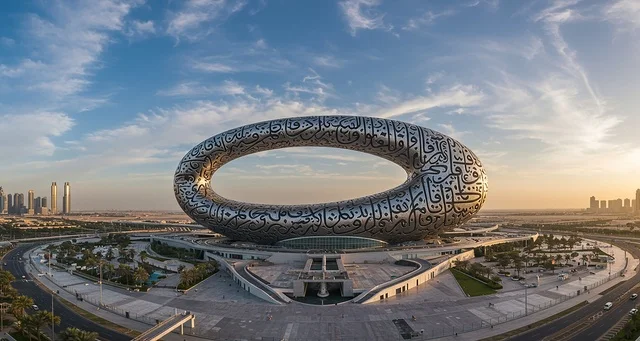 The art of advanced architecture, famous tourist places and landmarks in the United Arab Emirates, distinctive designs and decorations, architectural engineering art of towers and skyscrapers in a modern style, an Emirati futuristic vision, a close-up image of the Museum of the Future in the Emirate of Dubai.