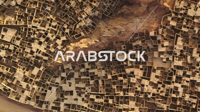 Famous landmarks and tourist attractions, an aerial view of the mud houses in the heritage village of Ushayqir in the Shakra Governorate in Riyadh, the ancient historical civilization in the Kingdom of Saudi Arabia.