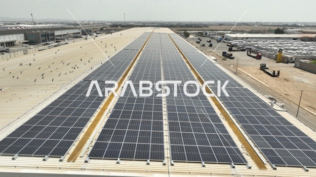 تطوير البنية التحتية لتوليد الكهرباء, محطات الطاقات الشمسية المتجددة, مفهوم انتاج الطاقة البديلة الصديقة للبيئة في المملكة العربية السعودي, تصوير درون جوي للألواح الكهروضوئية