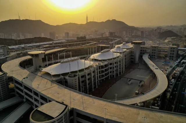 The tents area in Mina in Mecca, the holy city, the Hajj season, Islamic landmarks in the Kingdom of Saudi Arabia, the holy sites, neighborhoods of Mecca.