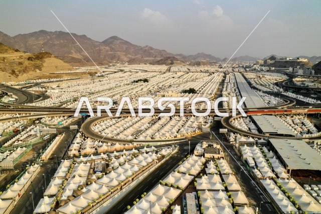 The tents area in Mina in Mecca, the holy city, the Hajj season, Islamic landmarks in the Kingdom of Saudi Arabia, the holy sites, neighborhoods of Mecca.