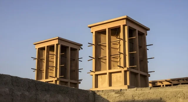 Traditional ventilation towers made of clay and wood in the Al-Turaif neighborhood of historic Diriyah, the old Najdi architecture in the Kingdom of Saudi Arabia, the engineering art in the design of heritage buildings.