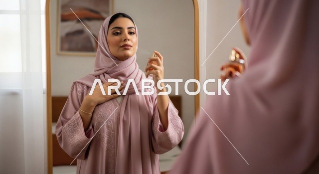 امرأة عربية خليجية سعودية أنيقة ترتدي عباءة وردية مطرزة وحجابًا متناغمًا،تقف أمام المرآة وترش العطر على عنقها برفق،تعابير الثقة بالنفس والاهتمام بالمظهر، خلفية غرفة نوم مضاءة بإضاءة طبيعية ناعمة