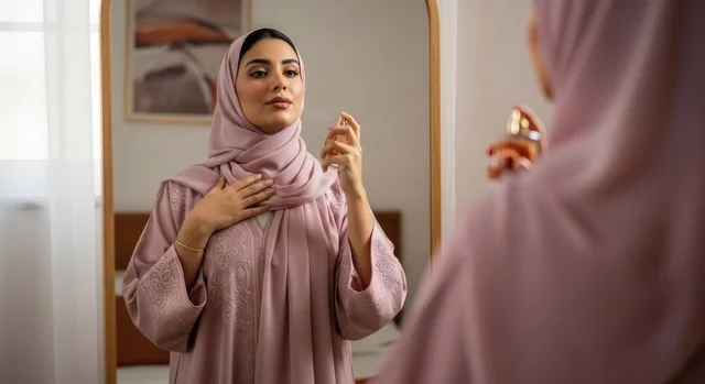 امرأة عربية خليجية سعودية أنيقة ترتدي عباءة وردية مطرزة وحجابًا متناغمًا،تقف أمام المرآة وترش العطر على عنقها برفق،تعابير الثقة بالنفس والاهتمام بالمظهر، خلفية غرفة نوم مضاءة بإضاءة طبيعية ناعمة