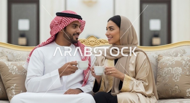 زوجان عربيان خليجيان سعوديان يرتديان ملابس تقليدية أنيقة يجلسان على أريكة فاخرة ويتبادلان النظرات بابتسامة دافئة ، احتساء القهوة، تعابير الألفة والسعادة الزوجية، خلفية منزلية بتفاصيل فخمة