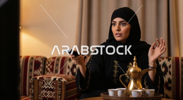 امرأة عربية خليجية سعودية ترتدي عباءة سوداء مطرزة تجلس في مجلس عربي تقليدي ممسكة بجهاز التحكم وتشاهد التلفاز،  دلة وفناجين قهوة عربية، تعابير التفاعل والاندماج، مفهوم الراحة والهوية الثقافية، خلفية داخلية تراثية