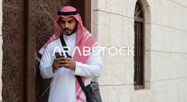 رجل عربي خليجي سعودي يرتدي الثوب الأبيض والشماغ الأحمر يقف بجانب باب خشبي مزخرف يستخدم هاتفه المحمول بتركيز، تعابير الجدية والانشغال، مفهوم التواصل والعمل الميداني، خلفية هندسية تقليدية