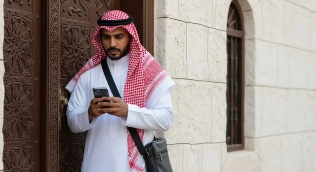 رجل عربي خليجي سعودي يرتدي الثوب الأبيض والشماغ الأحمر يقف بجانب باب خشبي مزخرف يستخدم هاتفه المحمول بتركيز، تعابير الجدية والانشغال، مفهوم التواصل والعمل الميداني، خلفية هندسية تقليدية