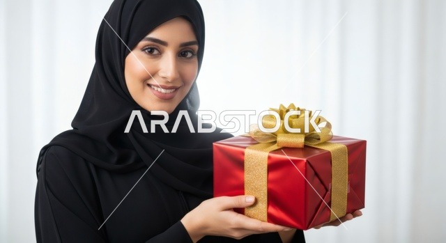 A Saudi Arabian Gulf woman wearing a stylish black abaya and a hijab is holding a red gift box adorned with a shiny gold ribbon. She is looking at the camera with a warm smile, expressing feelings of joy and surprise, embodying the concept of giving and sharing, with a soft white background.